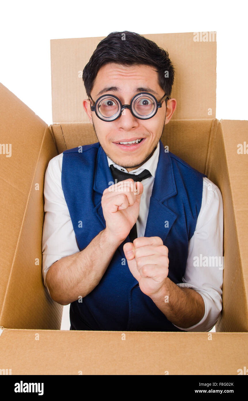 Man in thinking outside the box concept Stock Photo - Alamy