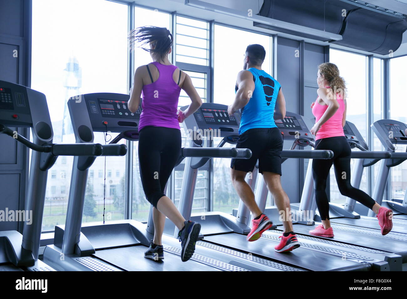 group of young people running on treadmills in modern sport gym Stock ...