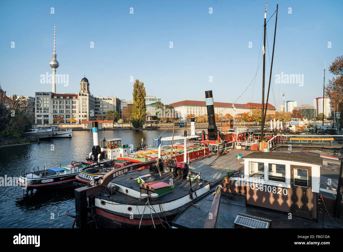 Historic port, Maerkisches Ufer, museum ships,  harbour , old barge Helene, Berlin Mitte , Germany Stock Photo