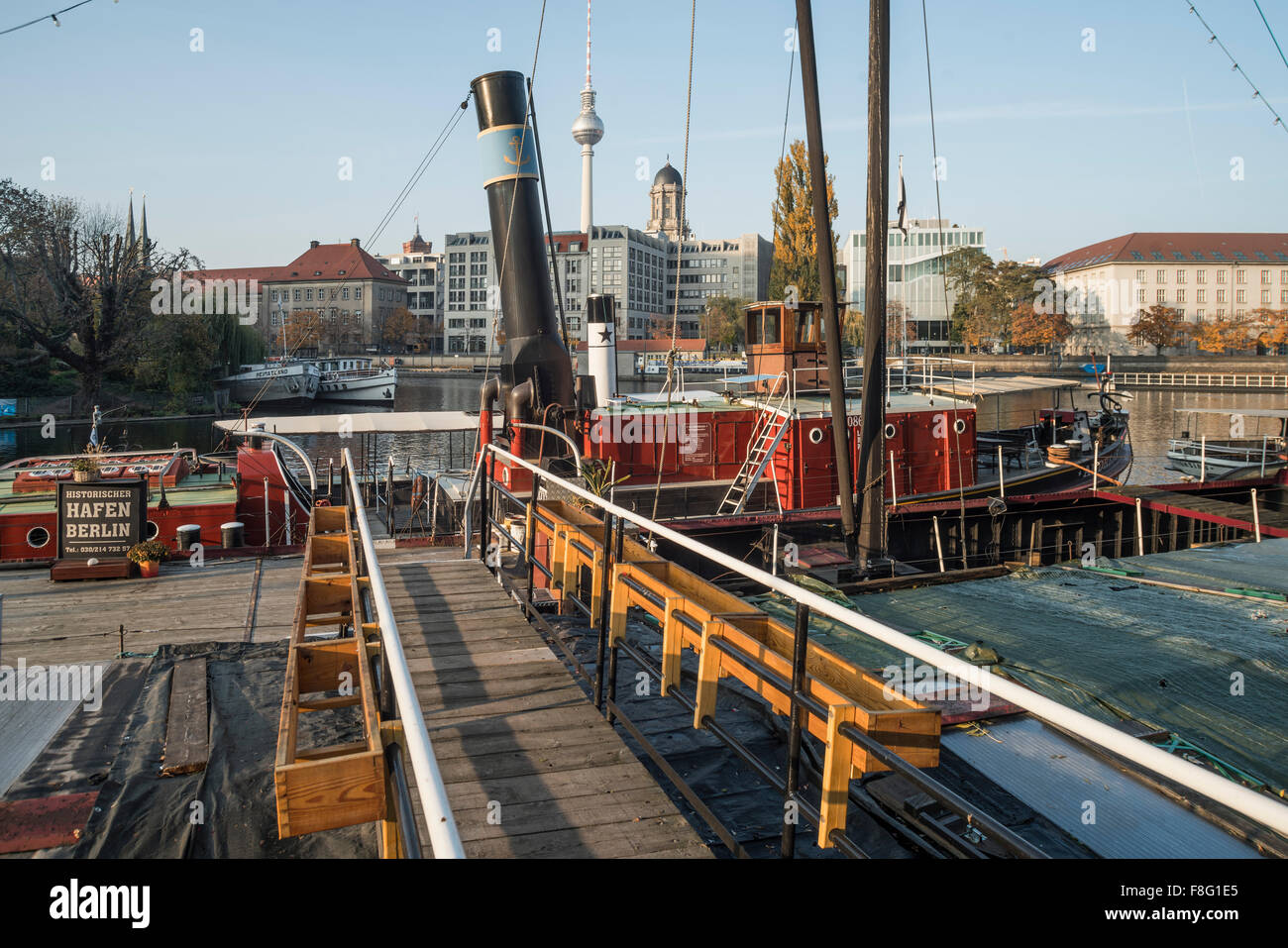 Historic port, Maerkisches Ufer, museum ships,  harbour , old barge Helene, Berlin Mitte , Germany Stock Photo