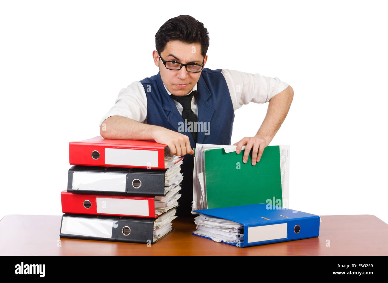 Funny man with lots of folders on white Stock Photo - Alamy