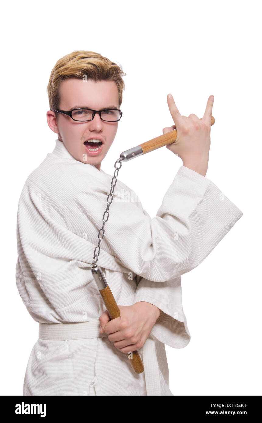 Funny karate fighter with nunchucks on white Stock Photo Alamy