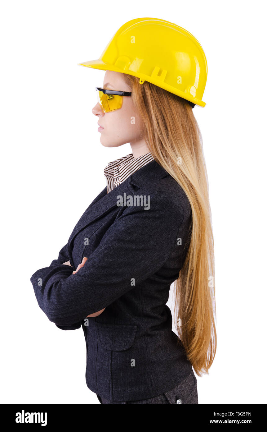 Woman construction worker isolated on white Stock Photo - Alamy