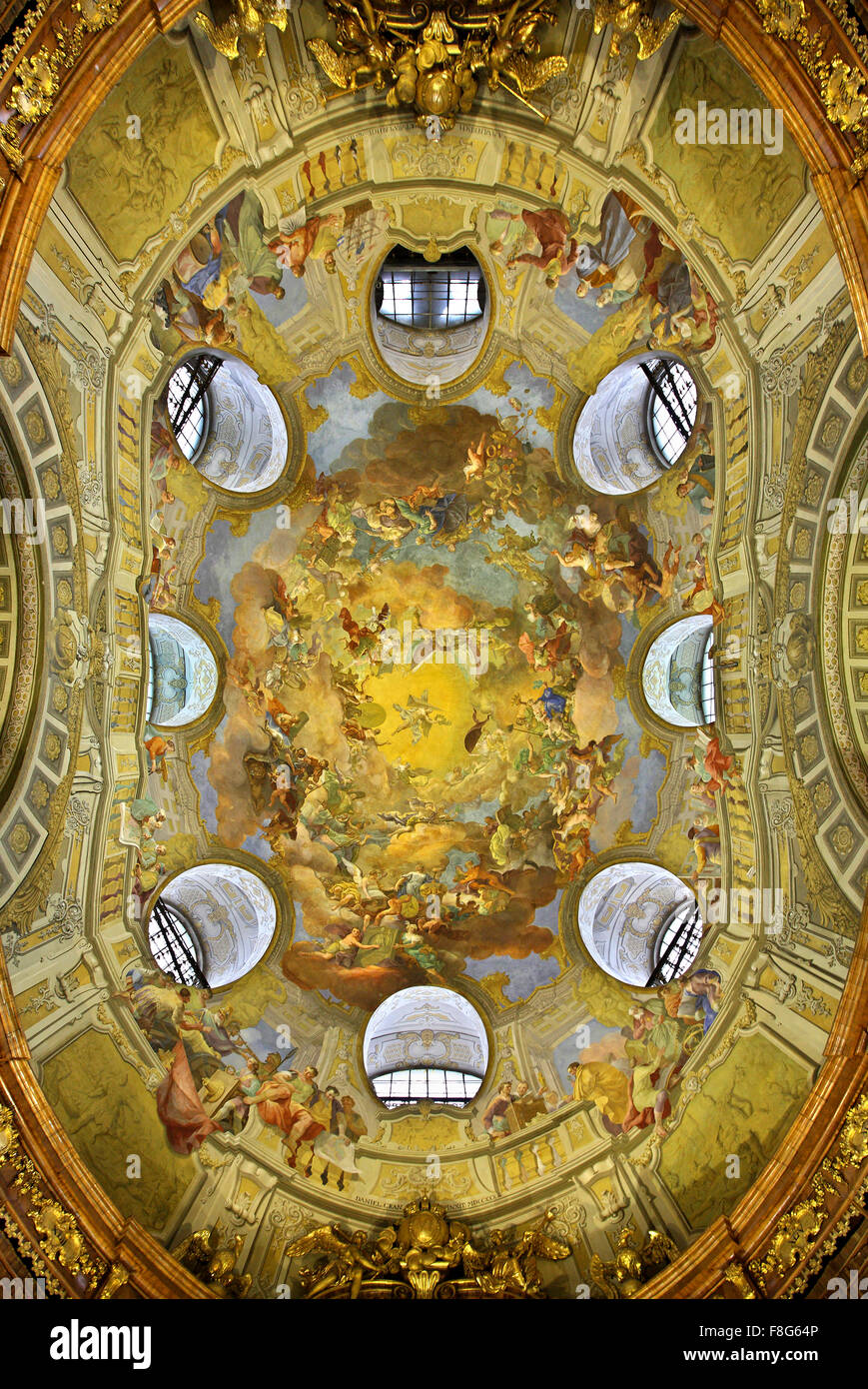 The beautiful ceiling (fresco by Daniel Gran) of the Grand Hall of the National Library ('Nationalbibliotek Prunksaal) of Vienna Stock Photo