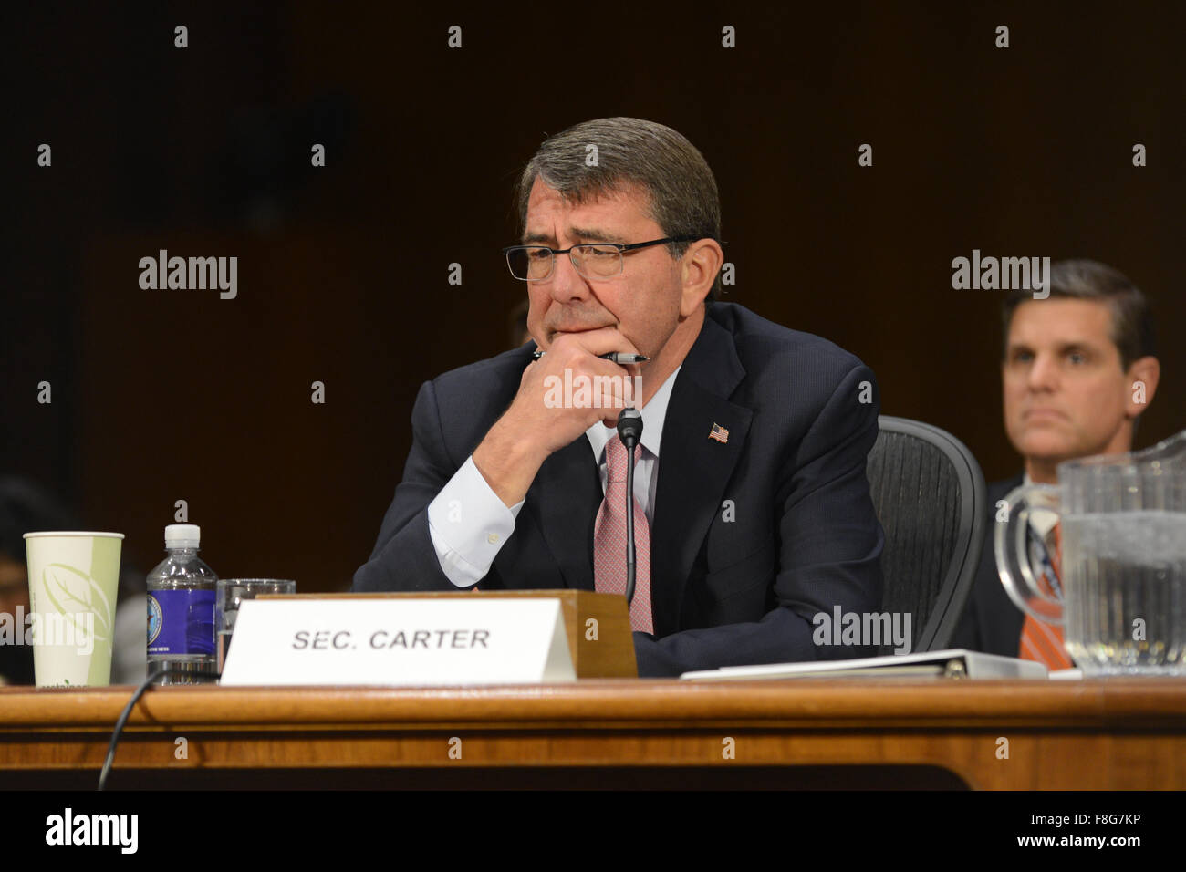 (151209)-- WASHINGTON D.C., Dec. 9, 2015 (Xinhua) -- U.S. Defense Secretary Ash Carter testifies before the Sneate Armed Services Committee on the U.S. strategy to counter the Islamic State of Iraq and the Levant and the U.S. policy toward Iraq and Syria, in Washington, DC, the United States, Dec. 9, 2015. U.S. Defense Secretary Ash Carter said on Wednesday the Pentagon was prepared to assist the Iraqi government with more personnel and attack helicopters to retake the key Iraqi city of Ramadi from the Islamic State (IS). (Xinhua/Zheng Qihang) Stock Photo