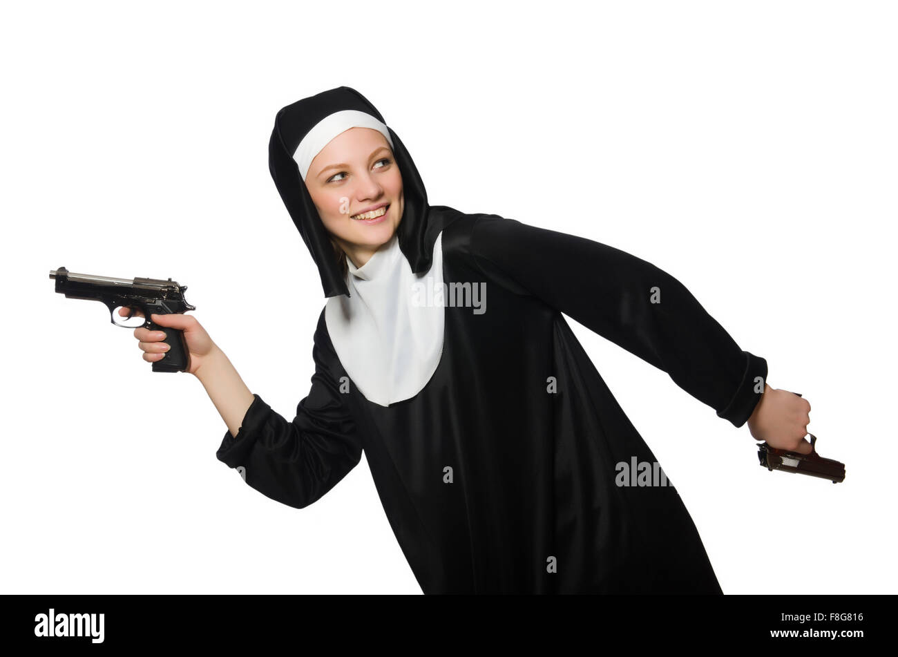 Nun with handgun isolated on white Stock Photo Alamy