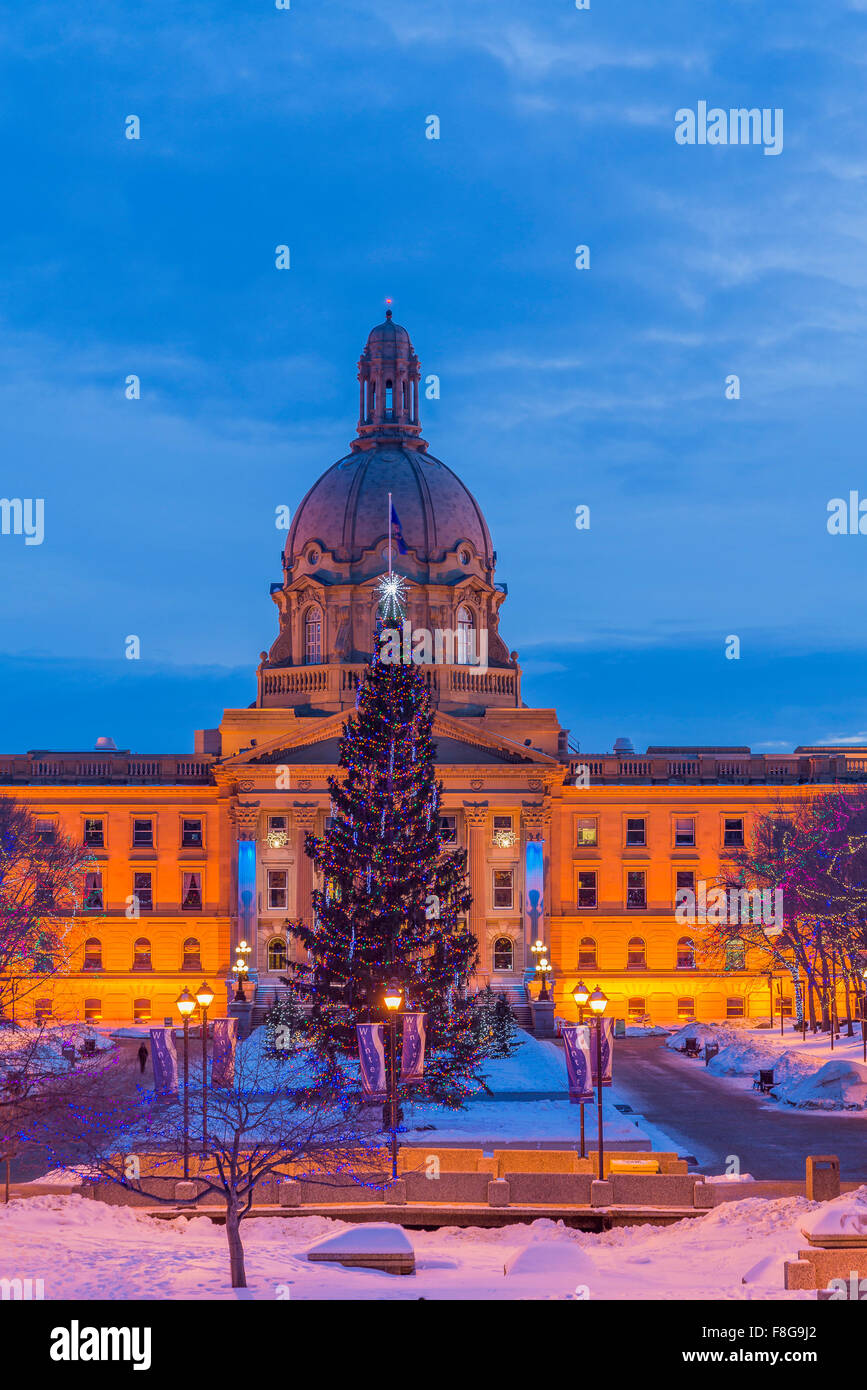 The Alberta Legislature with Christmas tree and lights display