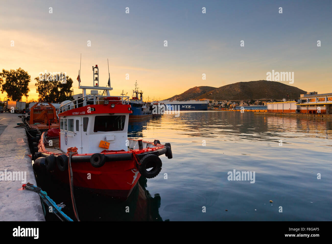 Fishing boats at the central fish market in Piraeus, Athens Stock Photo