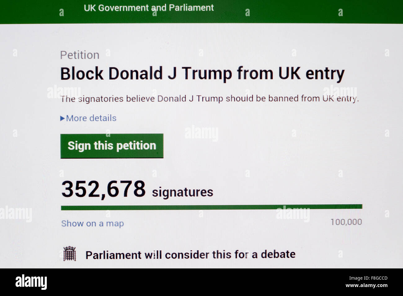 UK. 10th December, 2015.  An online petition to the UK Government and Parliament aiming to prevent Donald trump from visiting the UK has gained over 350,000 signatures. With Facebook users sharing the links on their pages. There is also a petition to allow Donald Trump into the UK, even though he isn't banned from doing so. Credit:  Mick Flynn/Alamy Live News Stock Photo