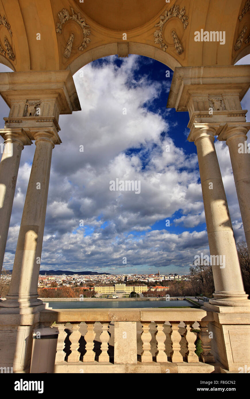 View of the Schönbrunn, summer palace of the Habsburgs and the city of Vienna from the Gloriette. Stock Photo