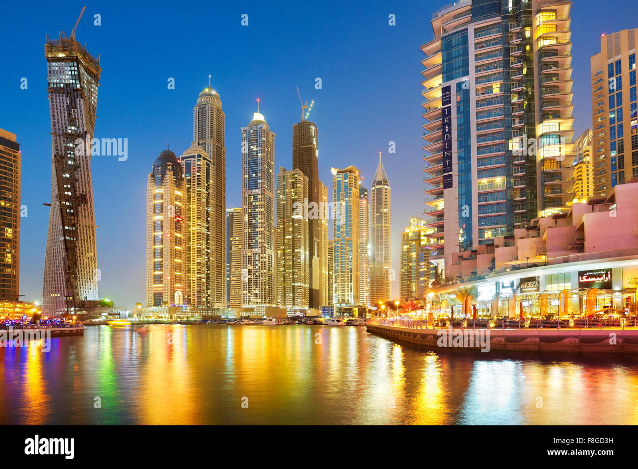 Dubai skyline at evening, Dubai Marina (an artificial city for 120000 people), Dubai, United Arab Emirates Stock Photo