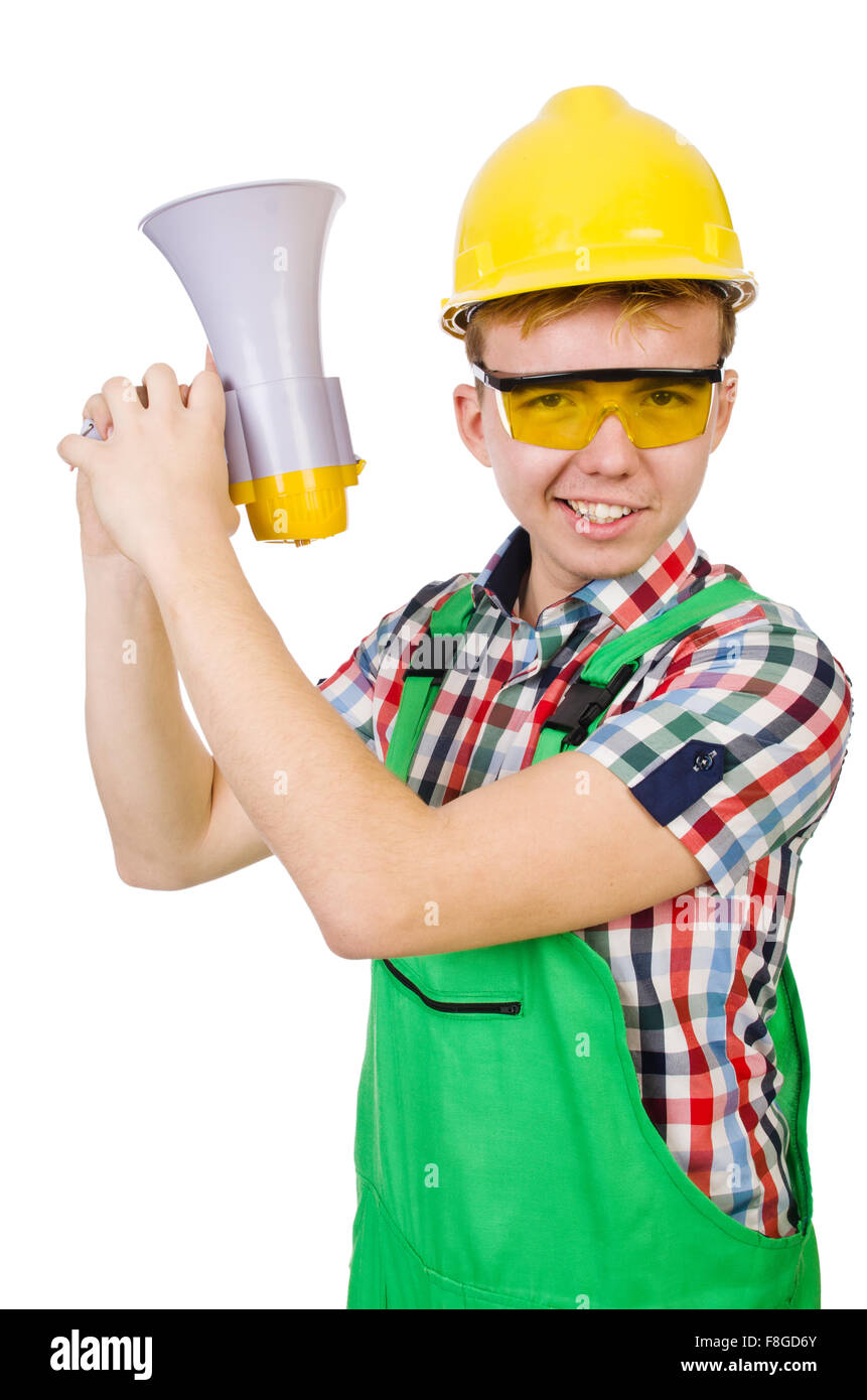 Funny construction worker with loudspeaker on white Stock Photo Alamy