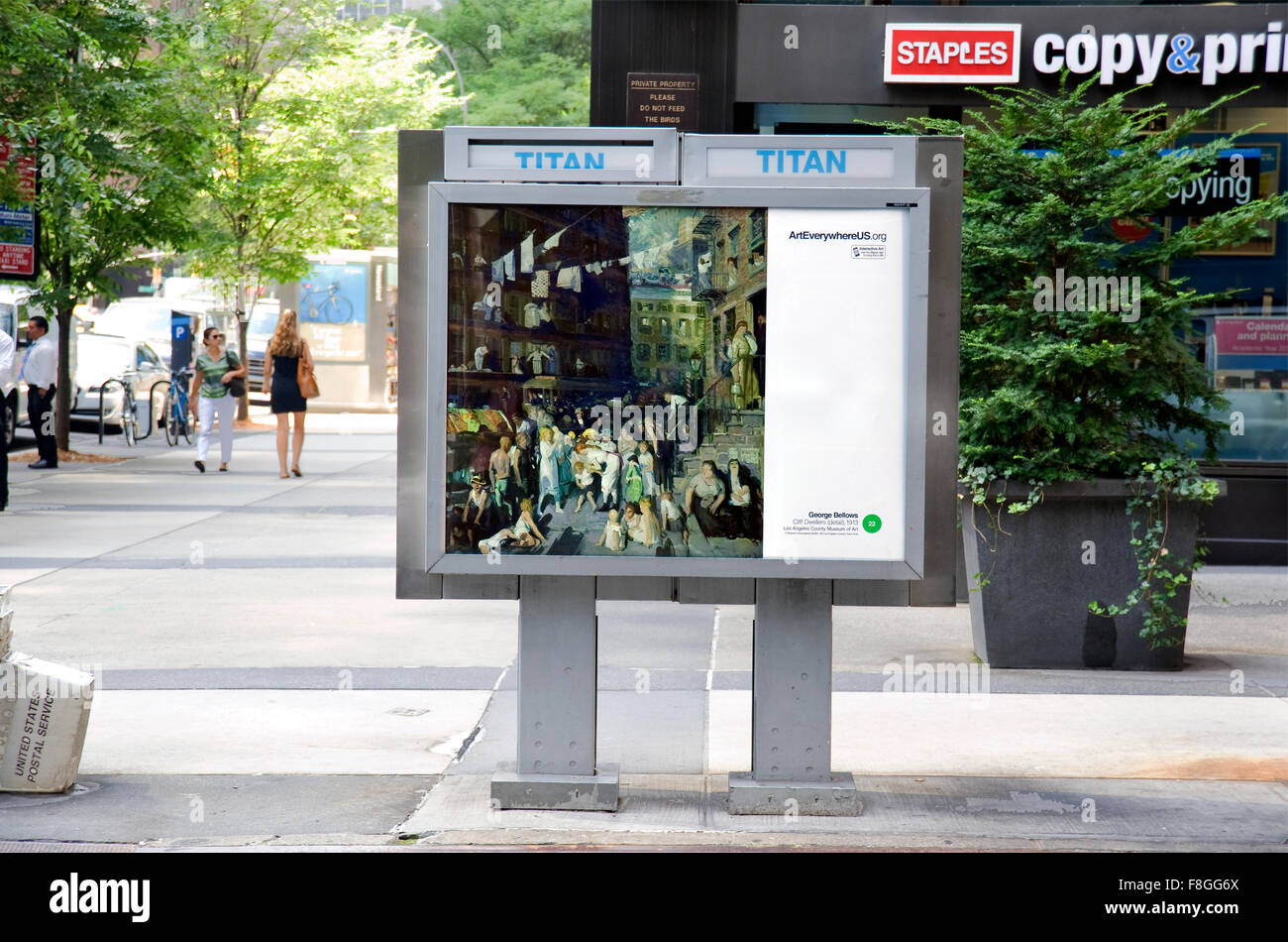 A George Bellows painting is reproduced on an outdoor advertising kiosk in New York City during the Art Everywhere event. Stock Photo