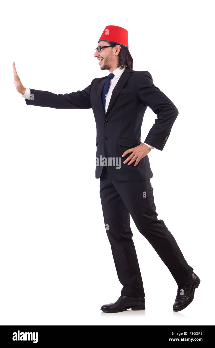 Businessman wearing fez hat isolated on white Stock Photo Alamy