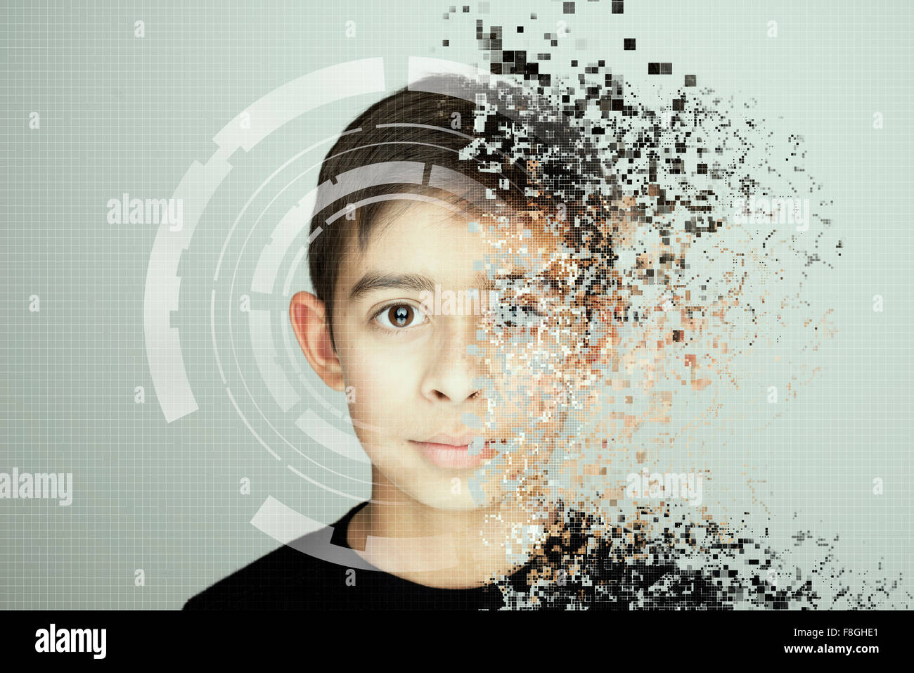 Pixelated mixed race boy looking at camera Stock Photo