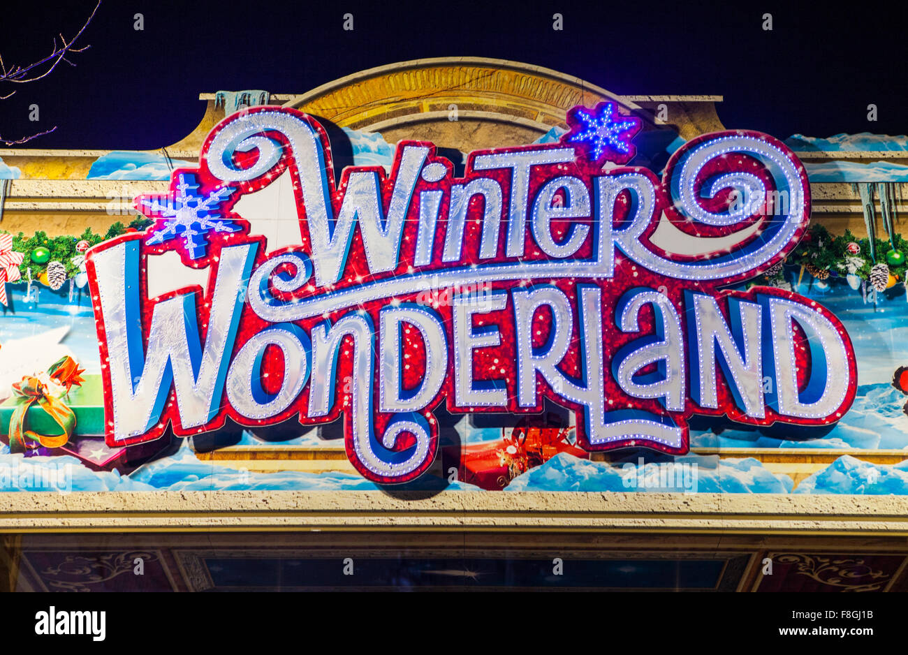 LONDON, UK - DECEMBER 9TH 2015: The entrance sign for the annual Winter Wonderland Christmas event in Hyde Park, London on 9th D Stock Photo