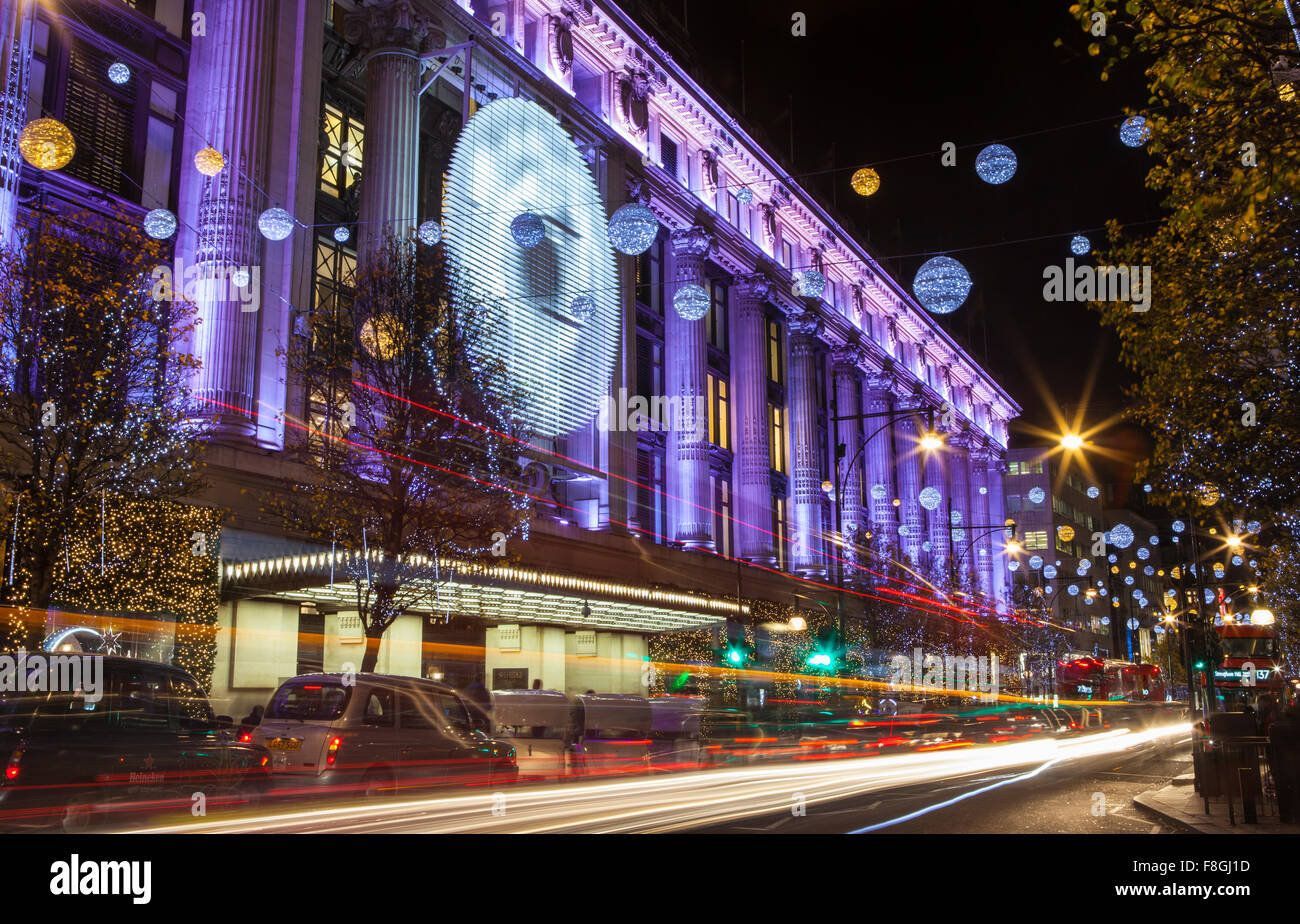 LONDON, UK - DECEMBER 9TH 2015: A view of the beautifully illuminated Selfridge department Store during Christmas on Oxford Stre Stock Photo
