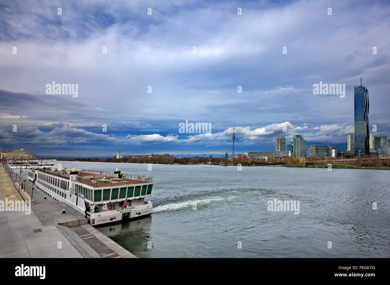 The port of Vienna close to Reichsbrueke, Danube river, Austria. Stock Photo