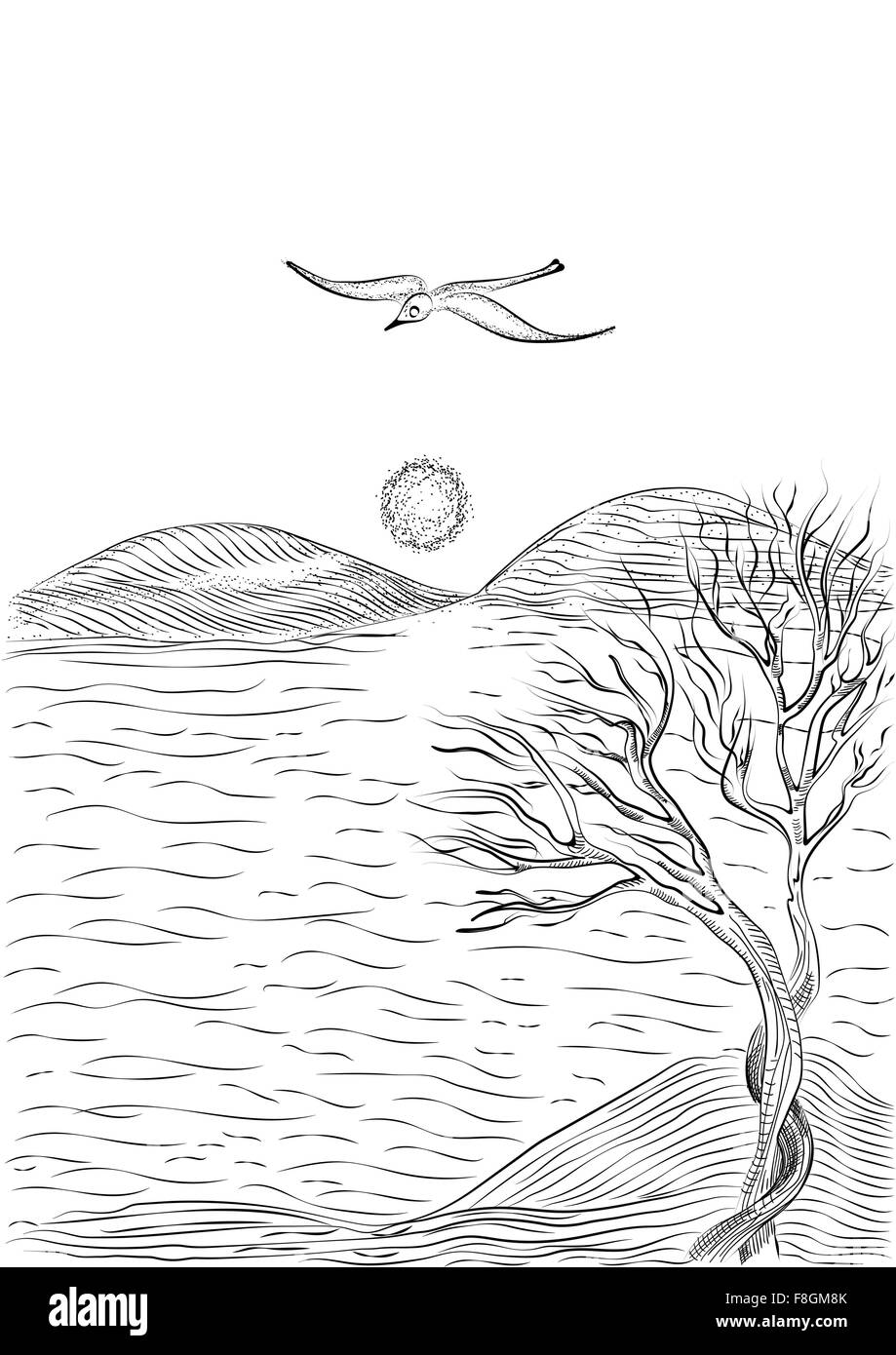 Landscape with tree on a hilly sea shore and flying seagull. Monochrome freehand ink drawn sketch in art doodle style pen. Stock Vector