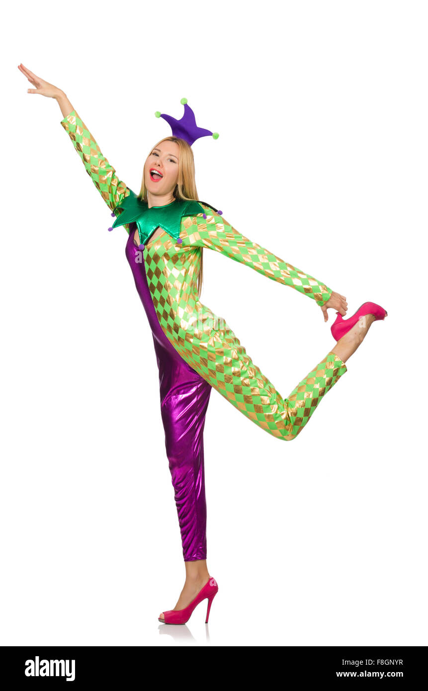 Woman wearing clown costume isolated on white Stock Photo - Alamy
