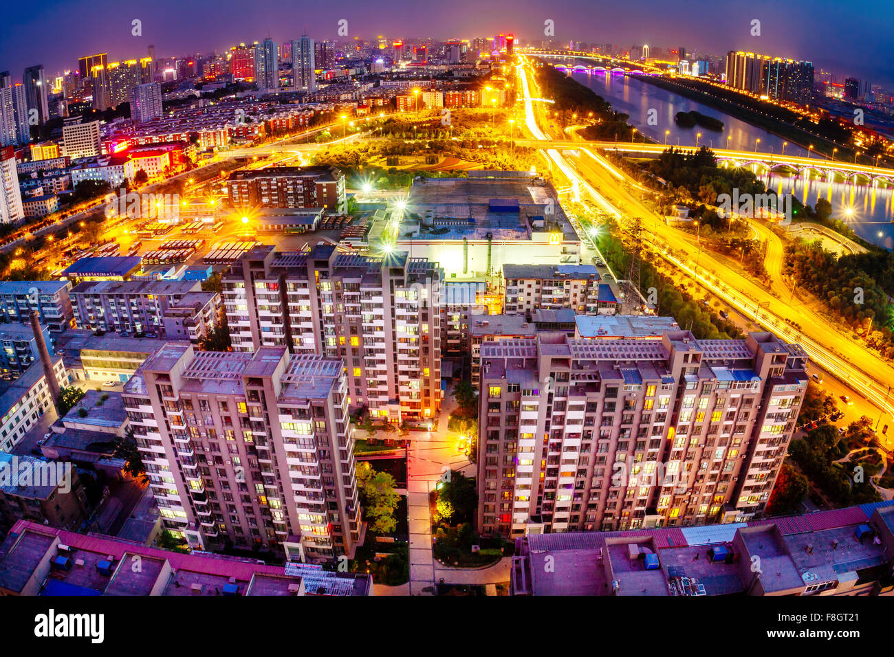 Taiyuan, Shanxi province, China - Panorama view of Taiyuan city in fisheye view. Stock Photo