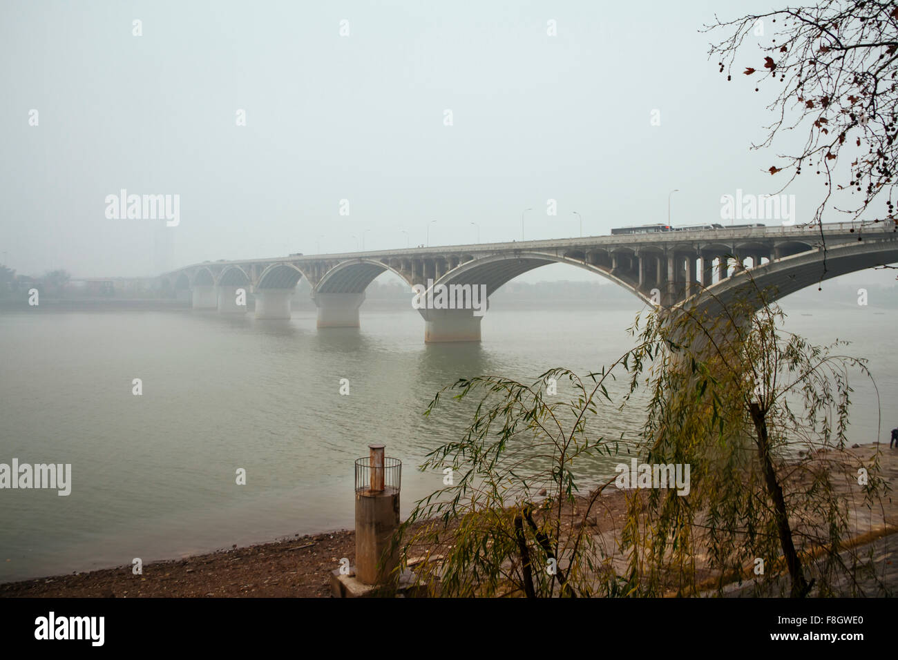 Changsha, Hunan province, China - The view of Juzizhou bridge in the heavy Chinese haze. Stock Photo