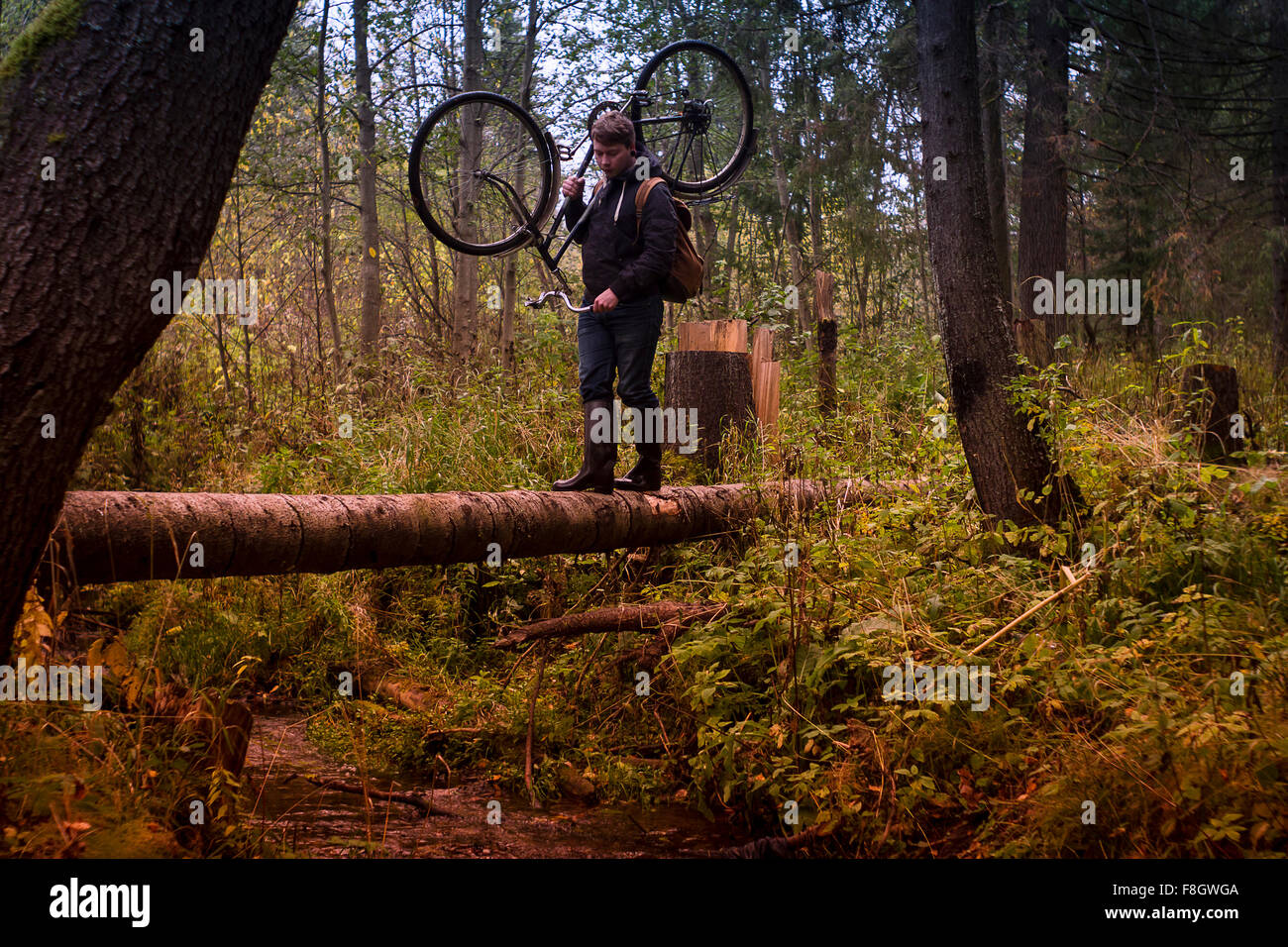 Caucasian man carrying bicycle on fallen tree Stock Photo
