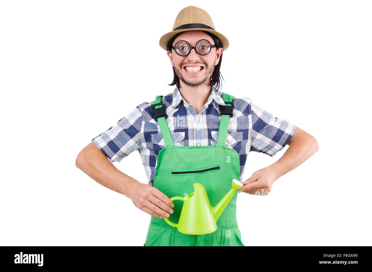 Young cheerful gardener with watering can isolated on white Stock Photo ...