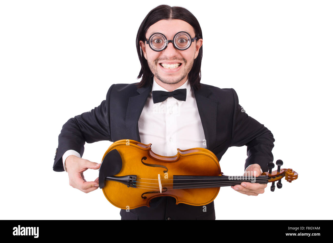Funny man with music instrument on white Stock Photo Alamy
