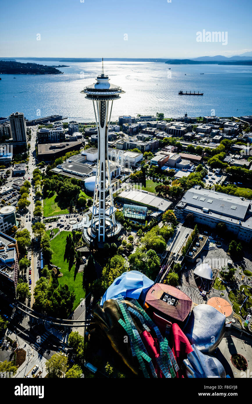 Aerial view of Space Needle in Seattle cityscape, Washington, United States Stock Photo
