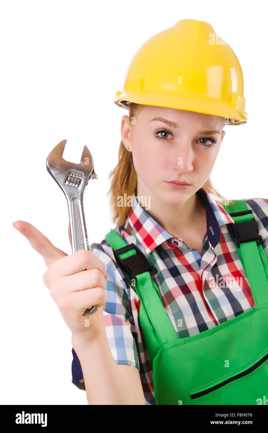 Person Using Wrench Constructon worker female with wrench isolated on white Stock Photo - Alamy