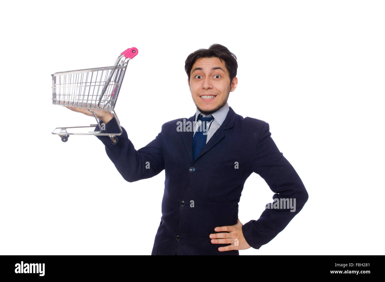 Funny man with shopping cart isolated on white Stock Photo