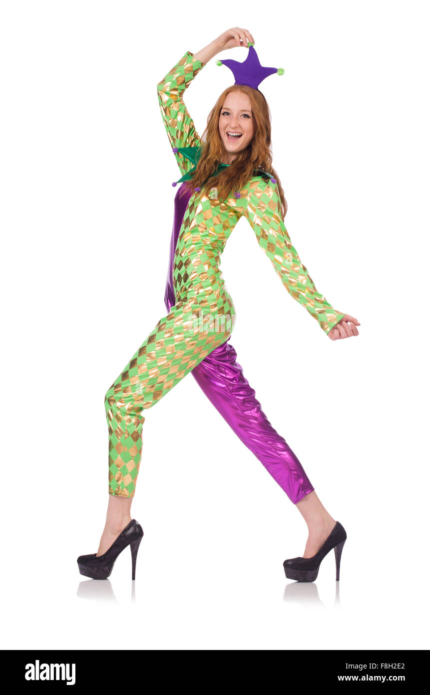 Woman wearing clown costume isolated on white Stock Photo - Alamy