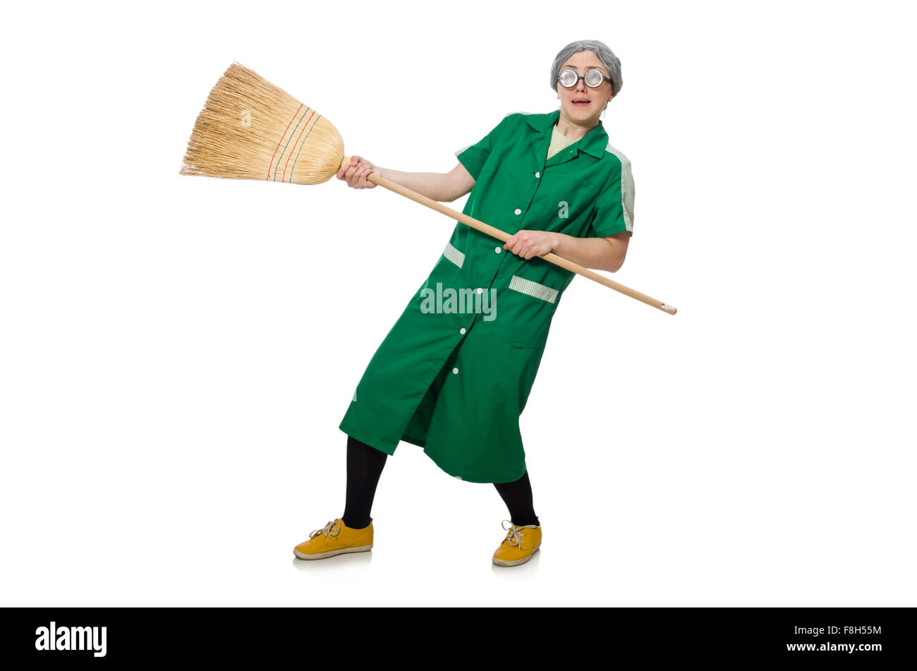 Woman with sweeping brush isolated on white Stock Photo Alamy