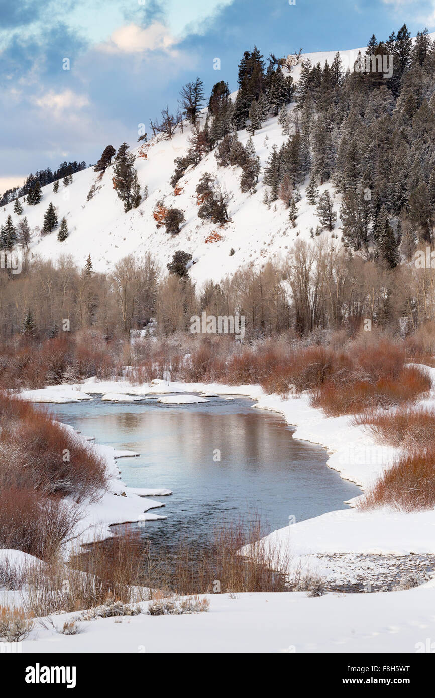 The Gros Ventre River flowing through a winter landscape near Kelly Hill, Grand Teton National Park, Wyoming Stock Photo