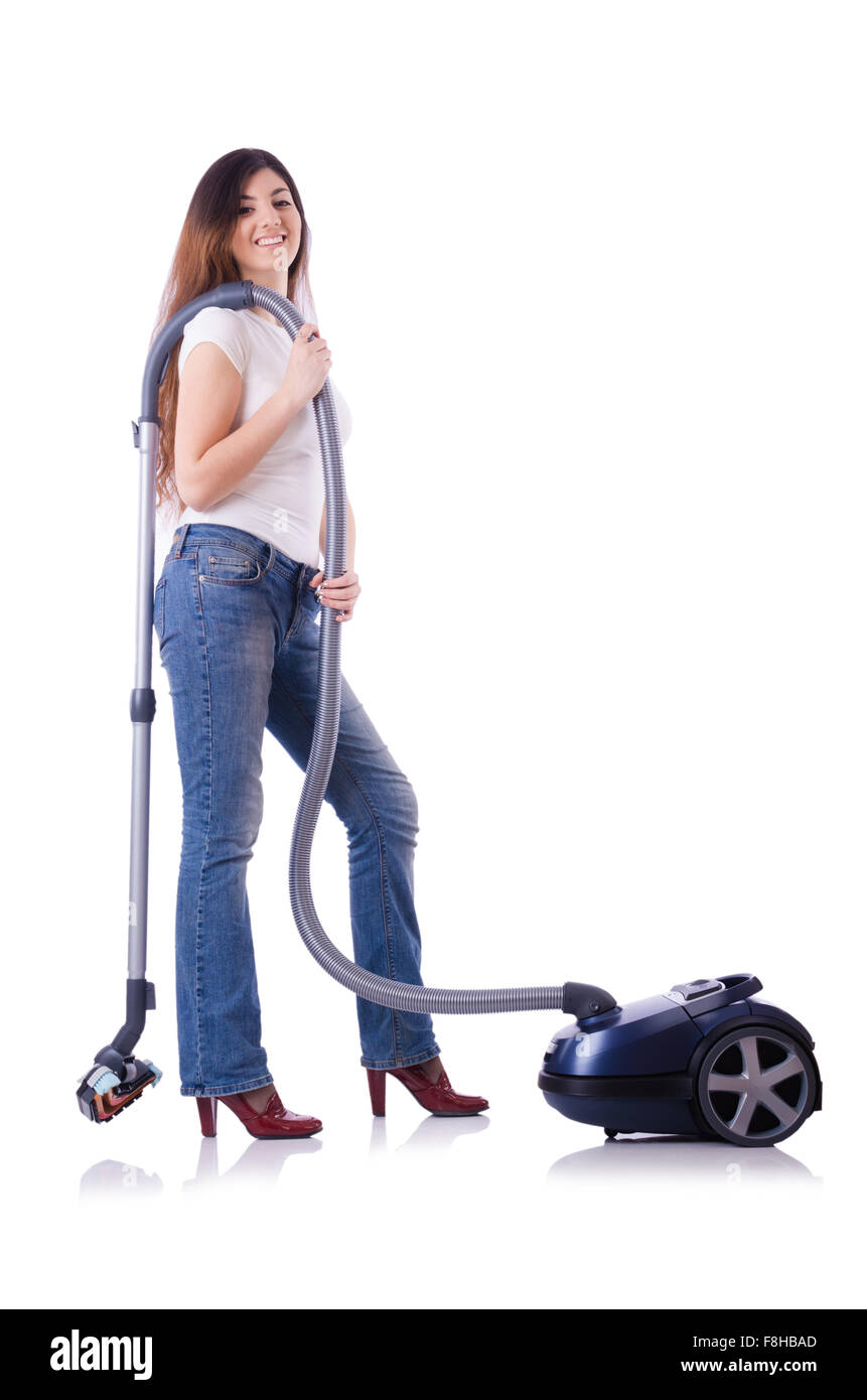 Young woman with vacuum cleaner on white Stock Photo - Alamy