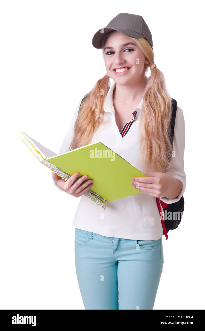 Girl student with books on white Stock Photo - Alamy