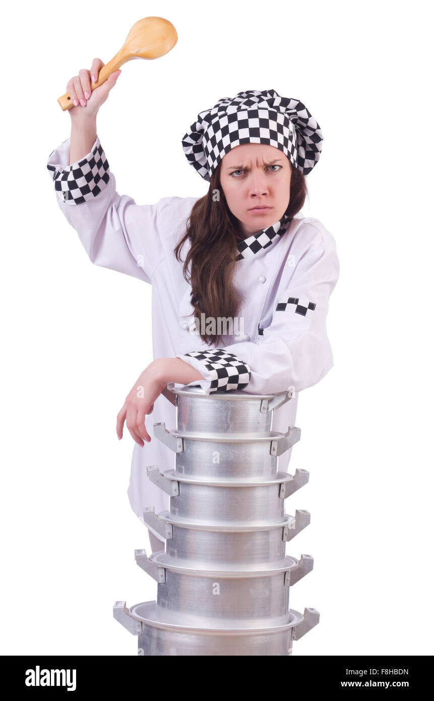 Cook with stack of pots on white Stock Photo - Alamy