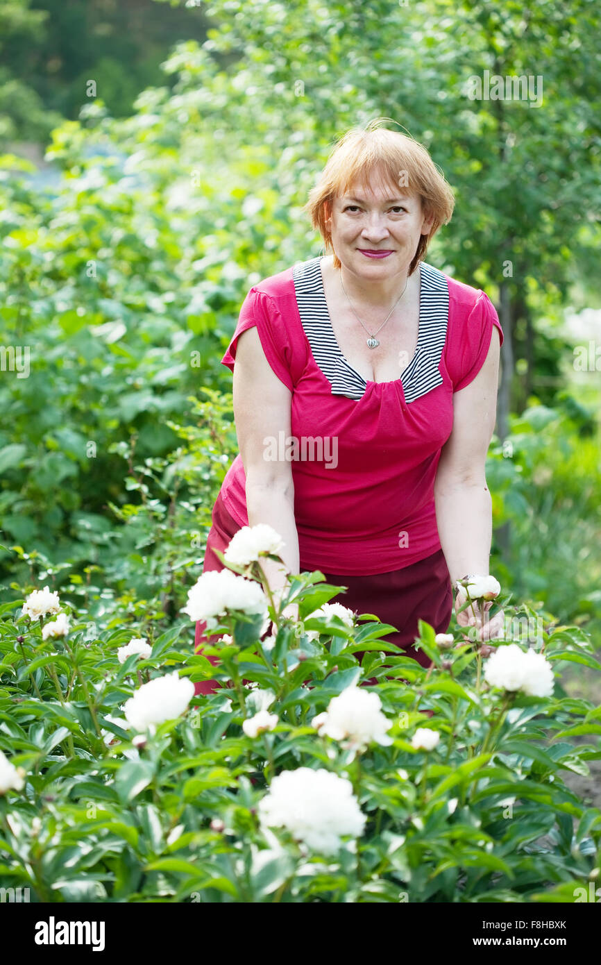 Happy mature woman in yard gardening with peony plant Stock Photo - Alamy