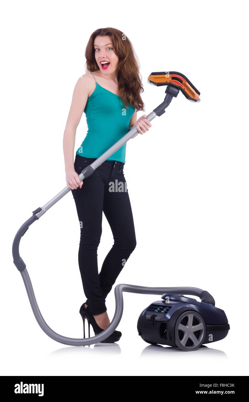 Young woman with vacuum cleaner on white Stock Photo - Alamy