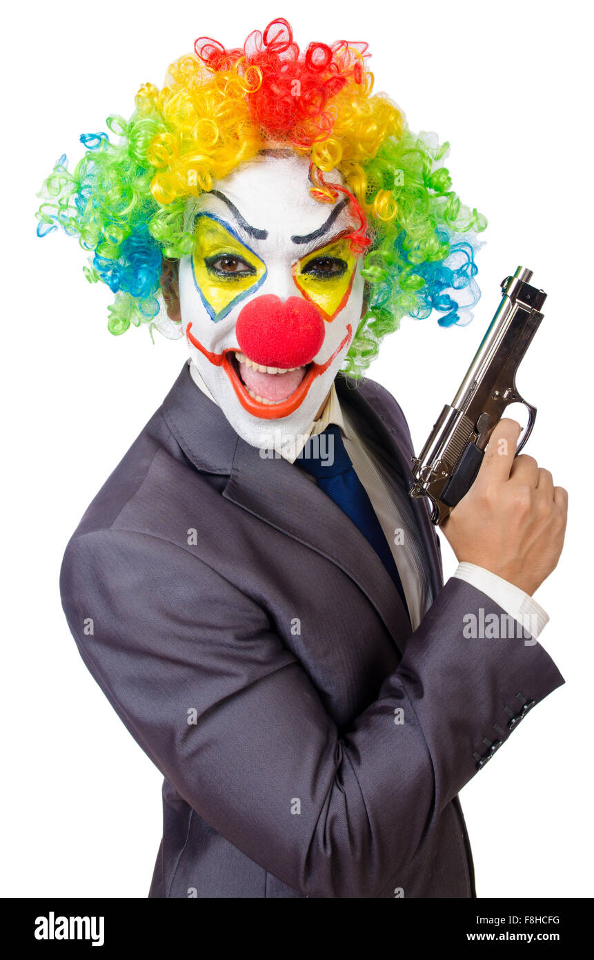 Businessman clown with gun isolated on white Stock Photo Alamy