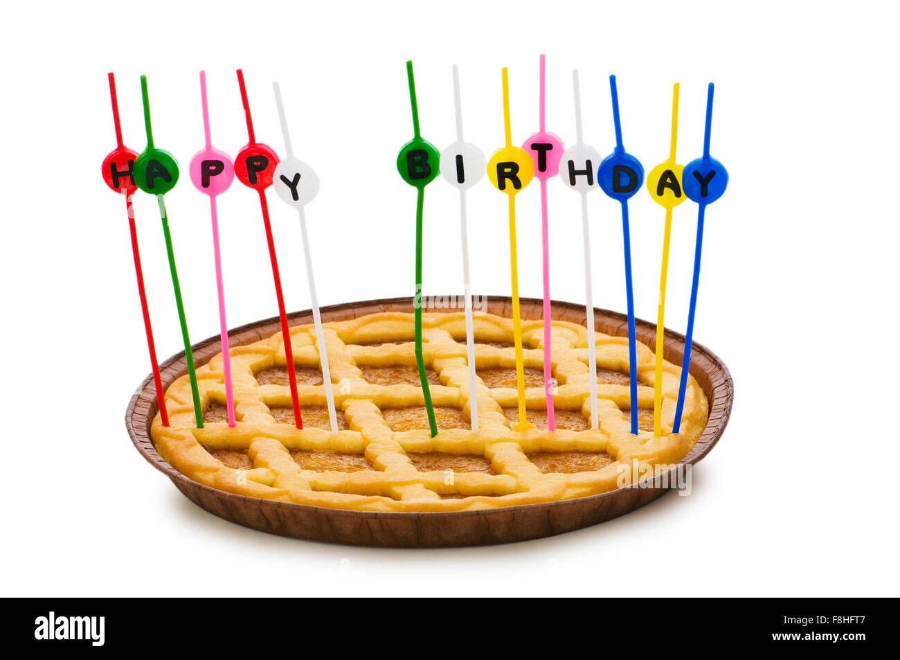 Happy birthday candles in the pie Stock Photo Alamy