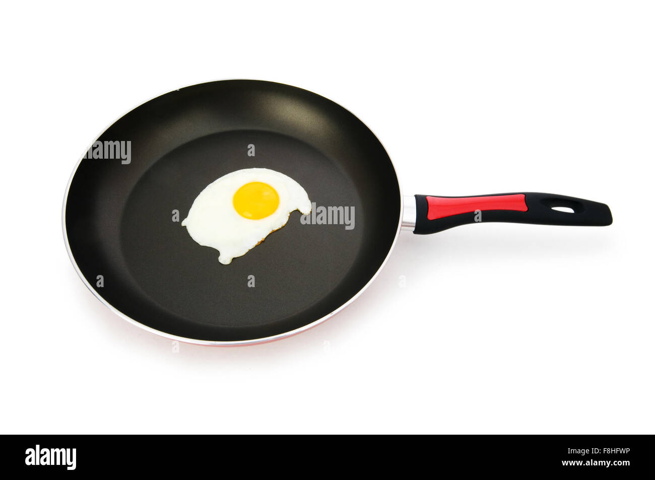 Frying pam with fried egg isolated on white Stock Photo