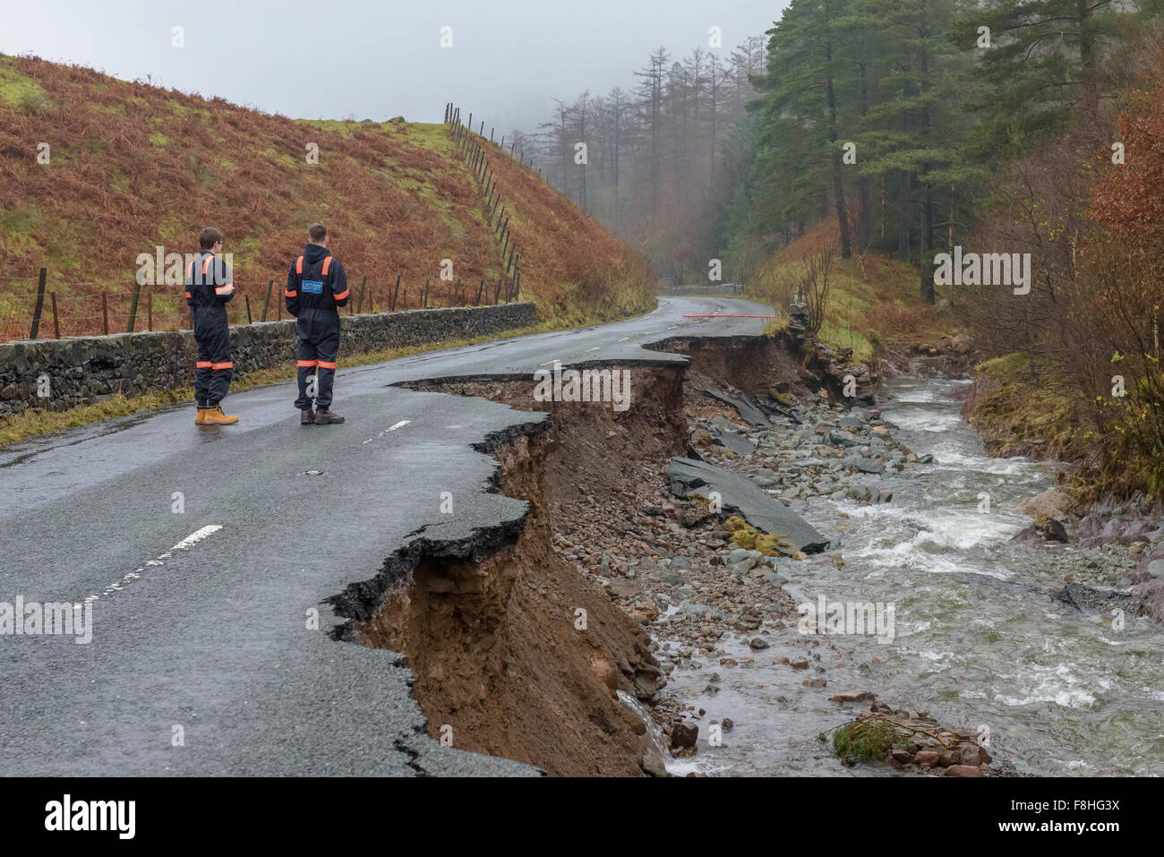 The aftermath of storm Desmond December 2015. The A591 main road through the Lake district Cumbria UK collapse and is washed away Credit:  Rafael Garea-Balado/Alamy Live News Stock Photo