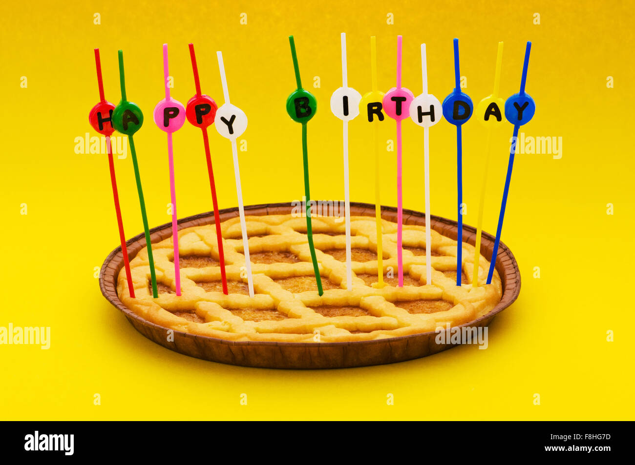 Happy birthday candles in the pie Stock Photo Alamy
