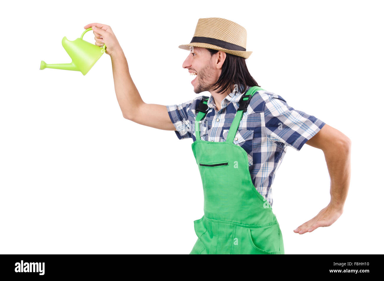 Funny gardener with watering can isolated on white Stock Photo - Alamy