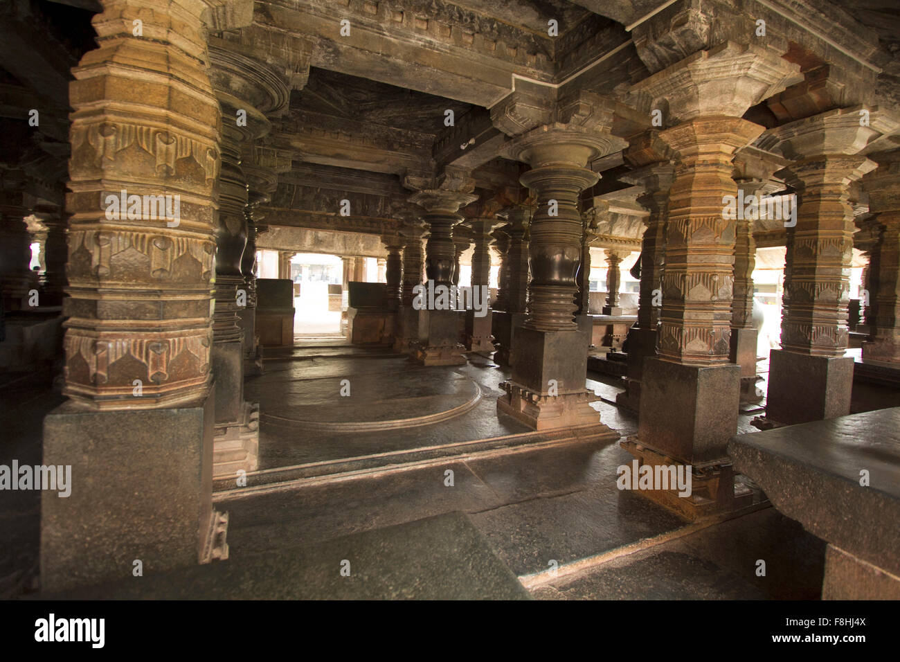 Interiors of the temple complex at Banavasi in Sirsi. Seen here is the dance area for performance to the Shivalinga. Stock Photo