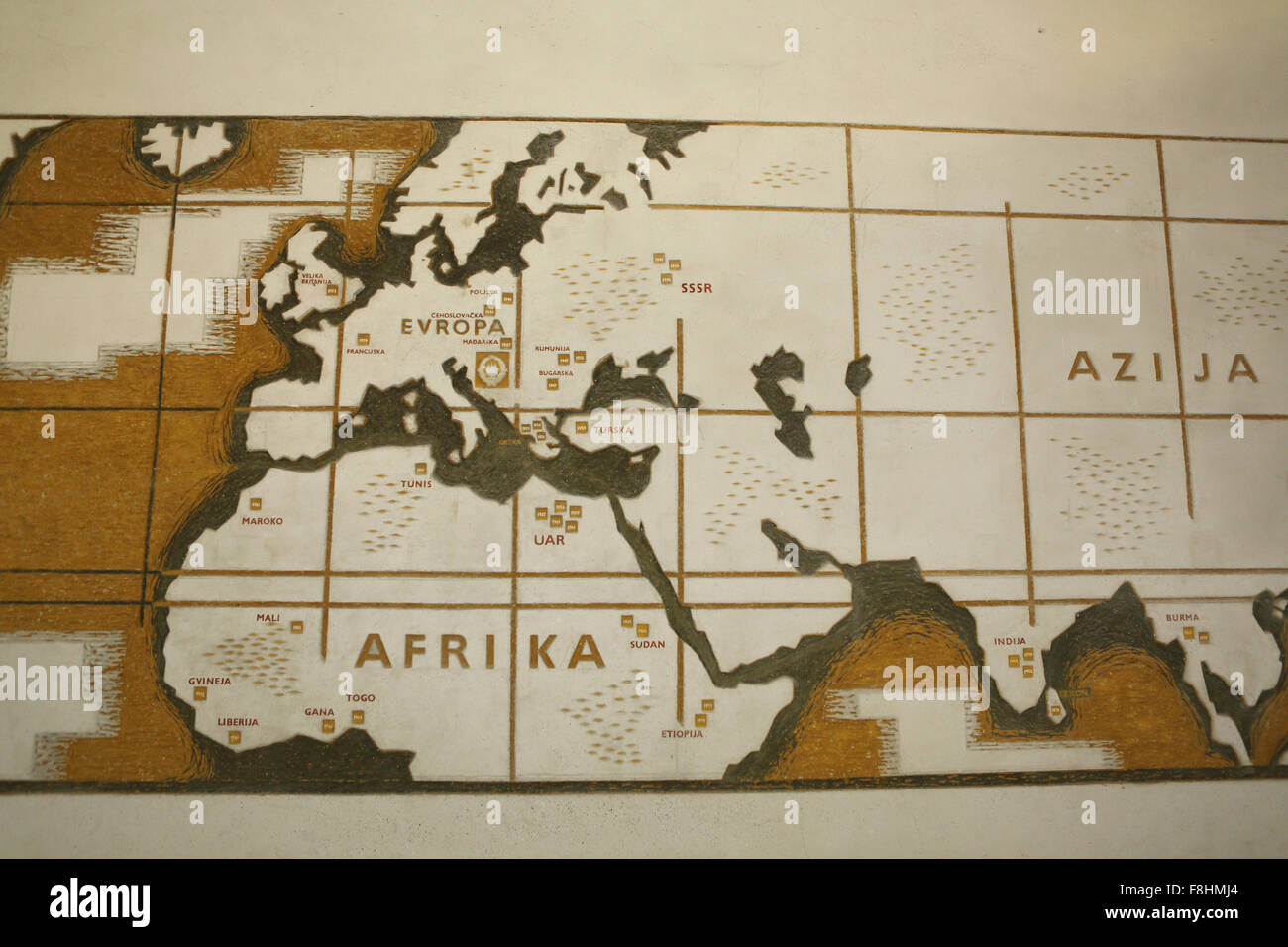 A map of Europe, Africa and Asia in the Museum of Yugoslav History in Belgrade, Serbia. Stock Photo