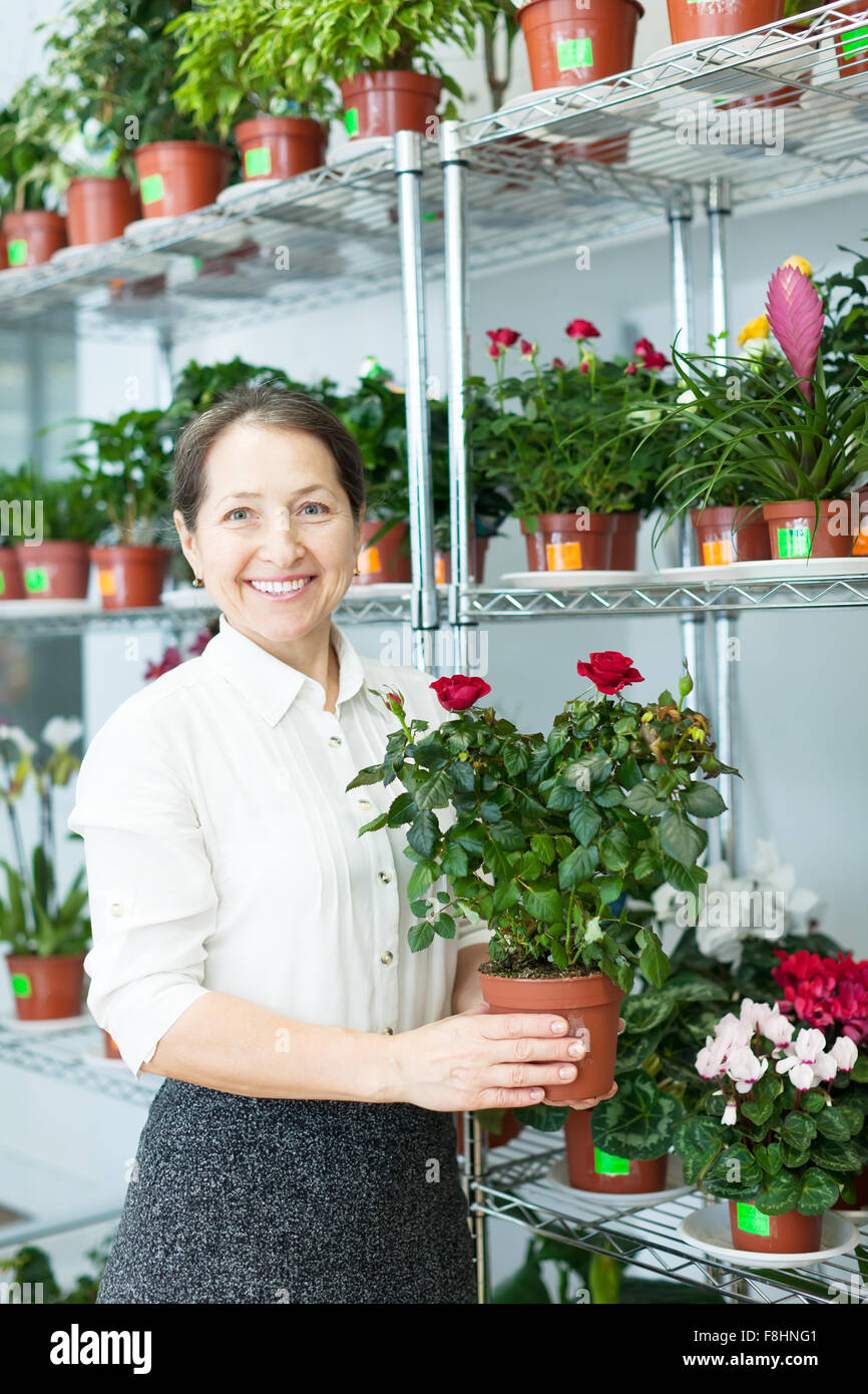 Female florist with roses plant at flower store Stock Photo