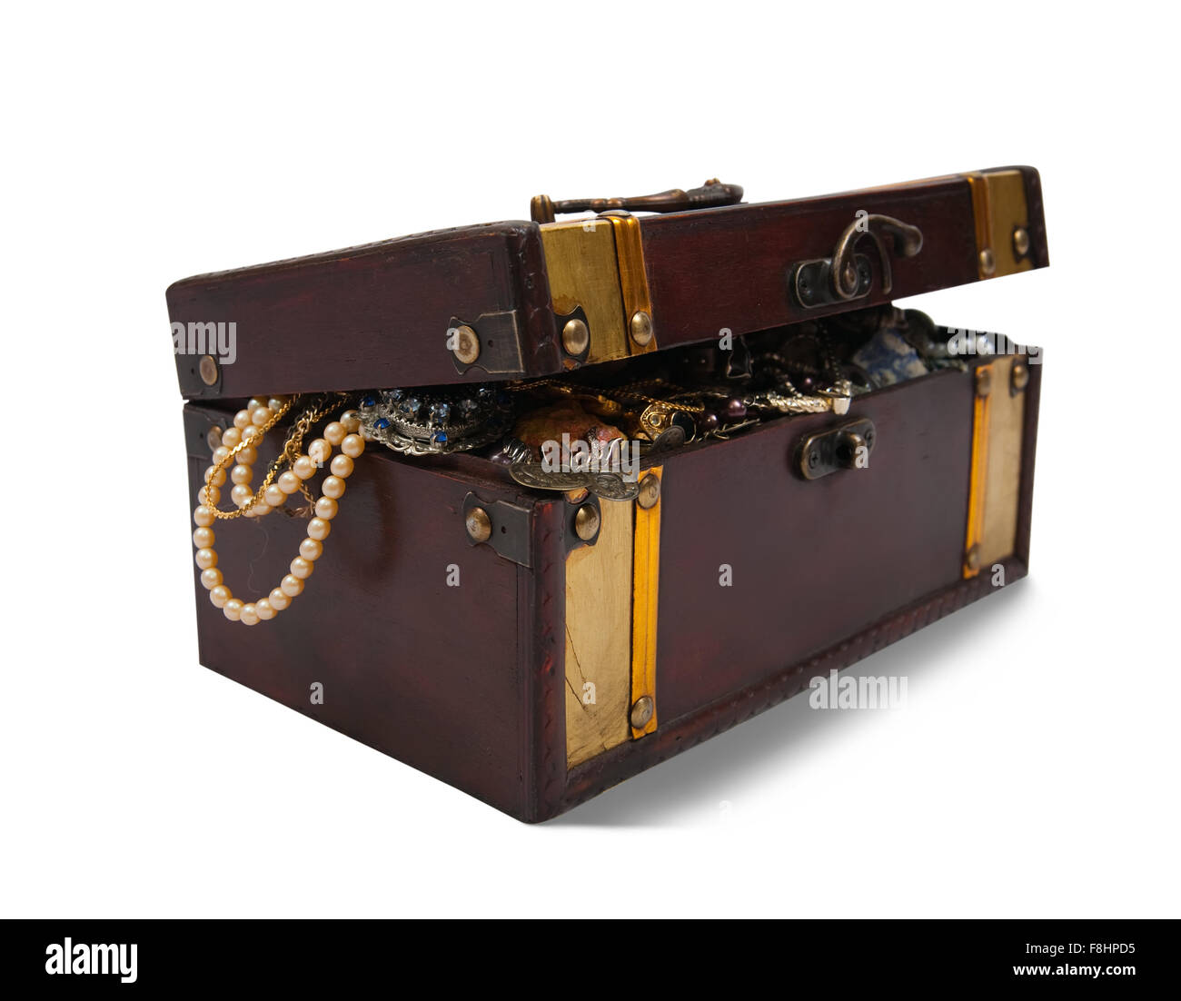 wooden treasure chest with valuables and gem, isolated with clipping